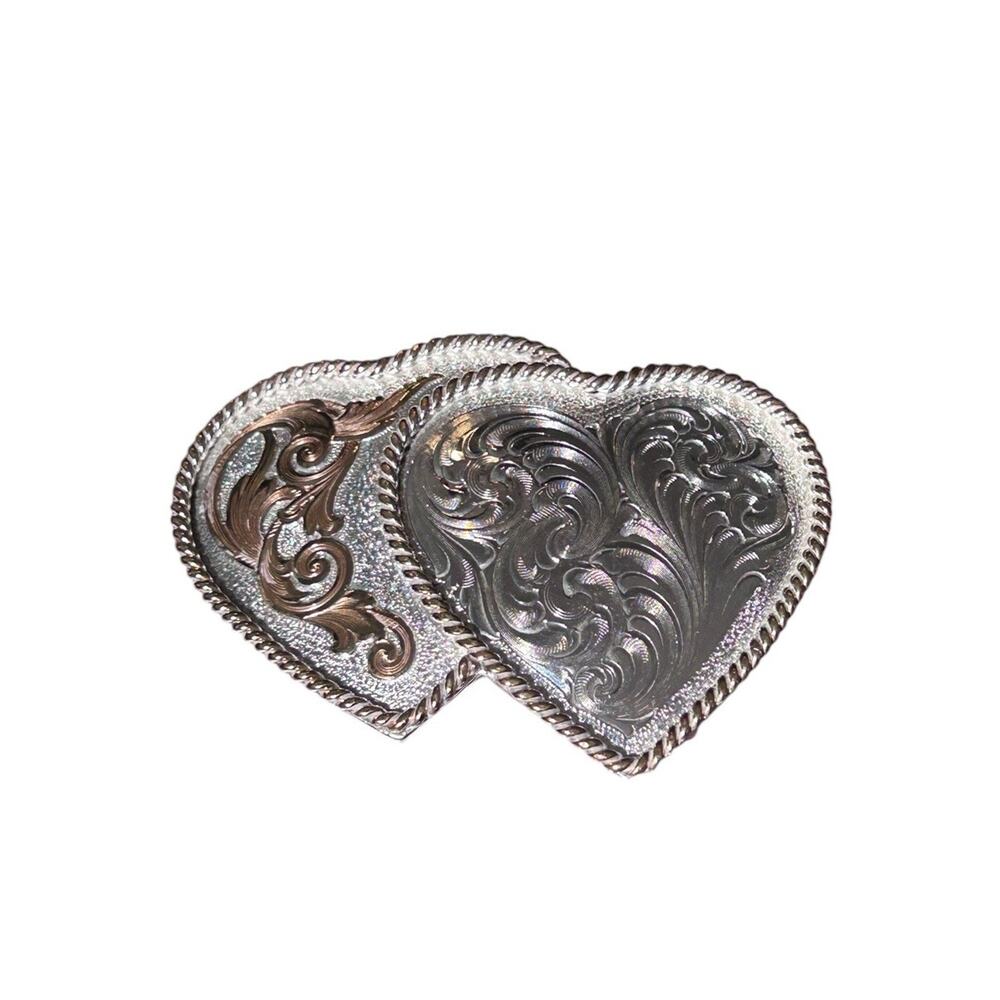 Vintage Montana Silversmith Double Heart Filagree Belt Buckle Teens Ladies Kids
